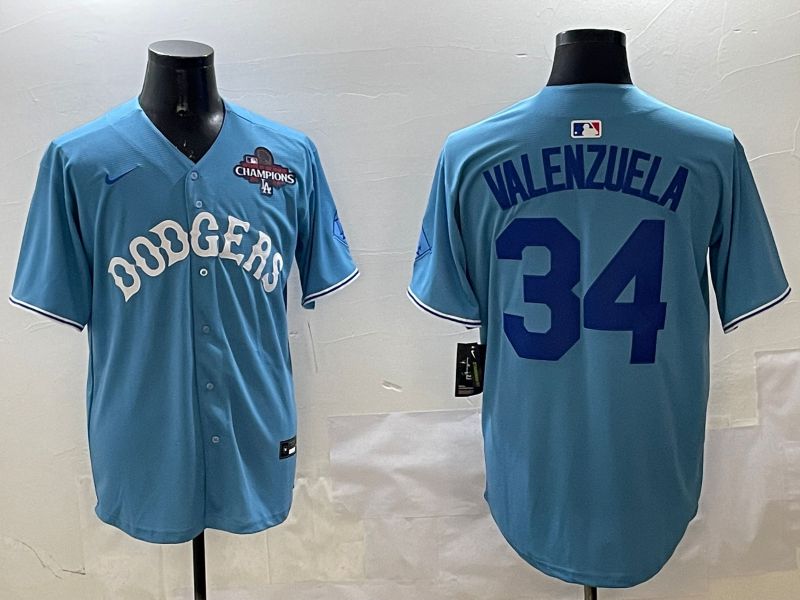Men Los Angeles Dodgers #34 Valenzuela Light Blue Joint Name 2025 Nike MLB Jersey style 31616